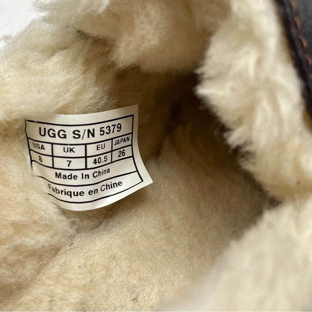 UGG Ascot Slippers Mens 8 Brown Leather Sheepskin Slip On Fur Lined Moccasion